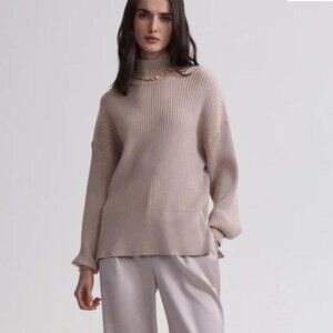 Varley mayfair mock neck knit sweater ribbed pullover beige zipper‎ detail